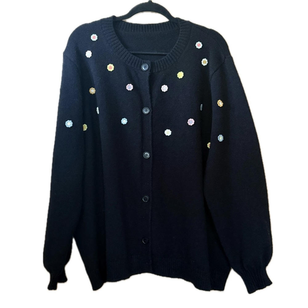 Bloomchic Black Floral Appliqué Cardigan Women’s Plus Size 22-24